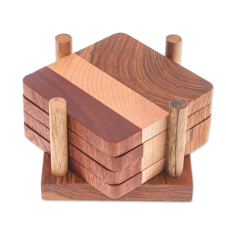 Union Rustic Wood Square 4 Piece Coaster Set With Holder Wayfair